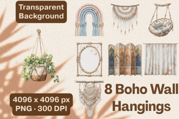 Download Watercolor Boho Macrame Wall Art PNG Set - Boho Collection